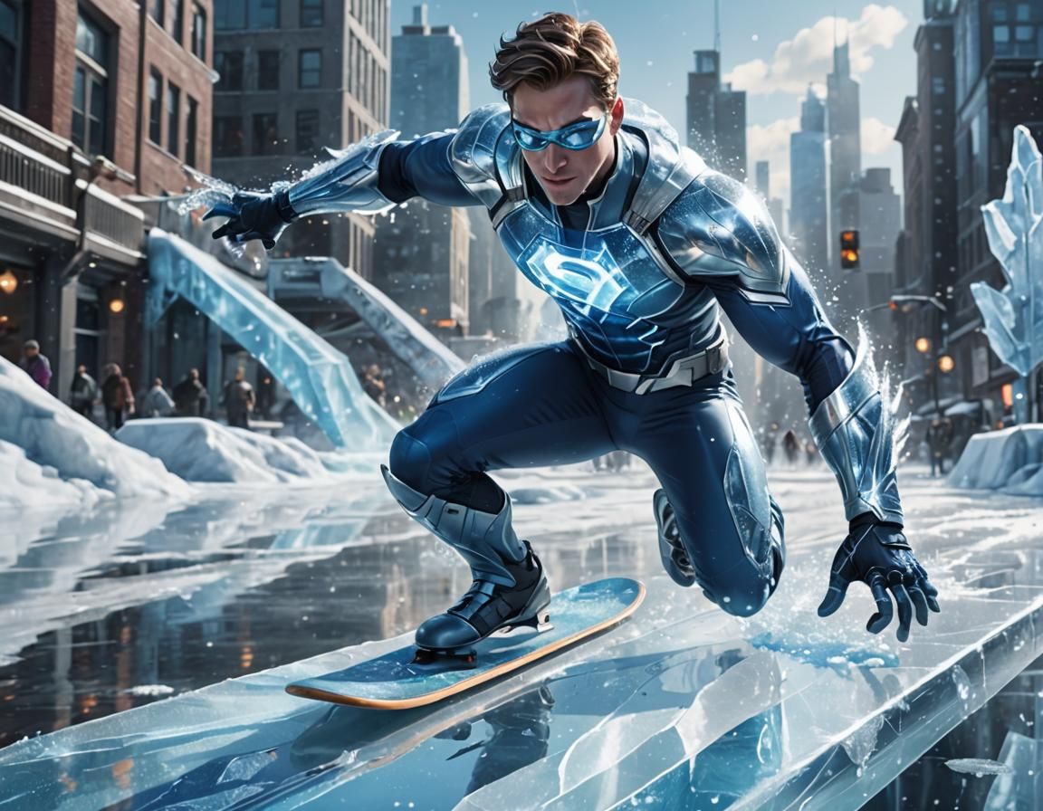 Icy Superhero Rides Shimmering Board: Digital Concept Art