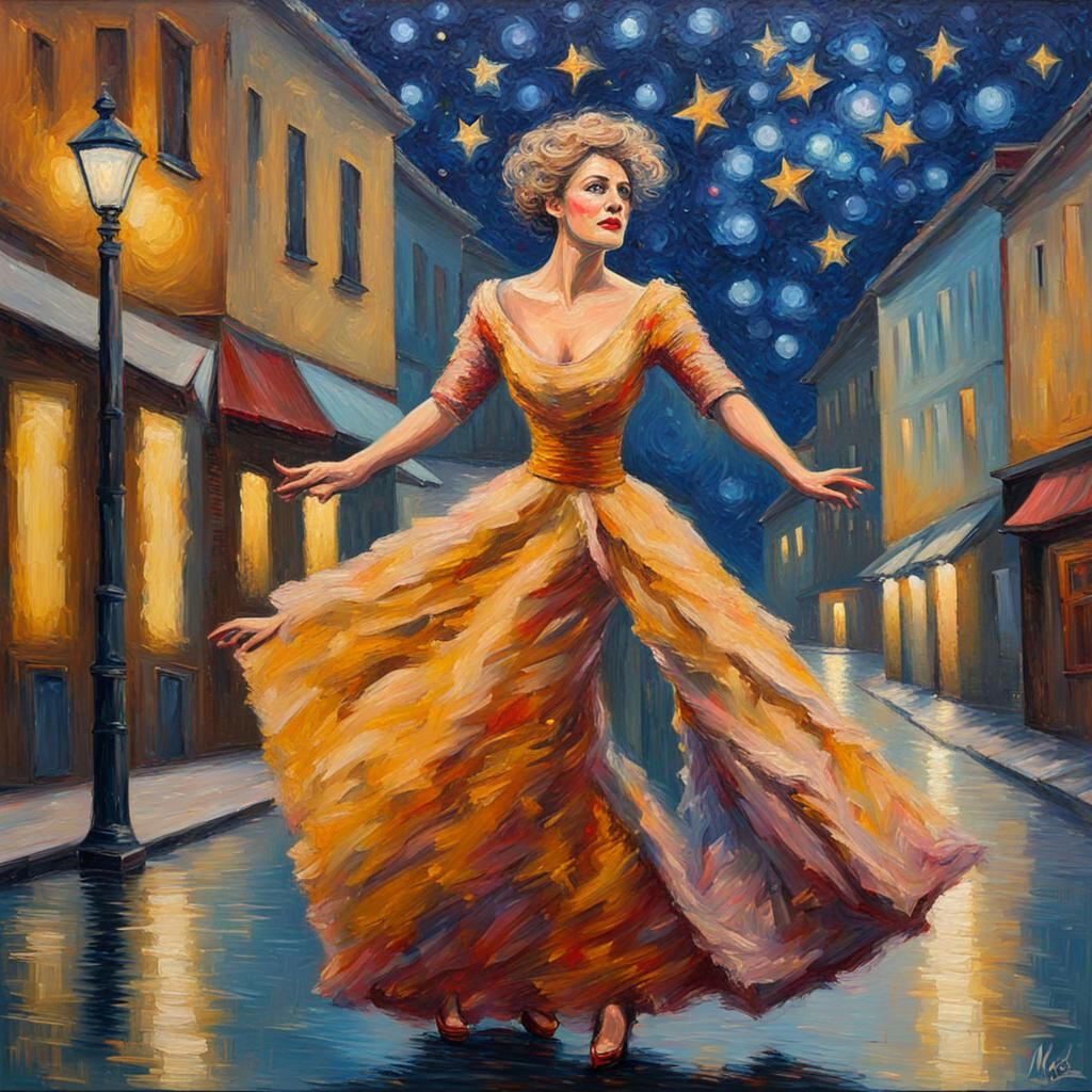Countess Dancing in Starry City: Neo-Impressionist Oil Paint...