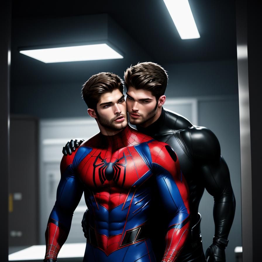 Spidermen Kissing in Locker Room: Hyperrealistic 8k