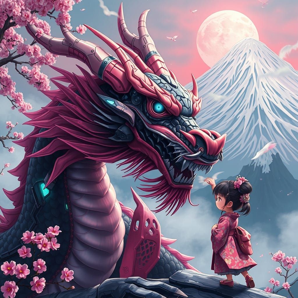 Cyberpunk Anime Dragon with Girl in Pink Kimono