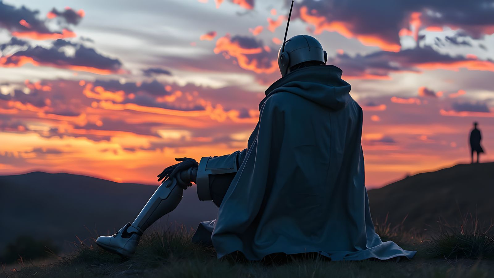 Robot Gazes at Sunset in Ghibli Style