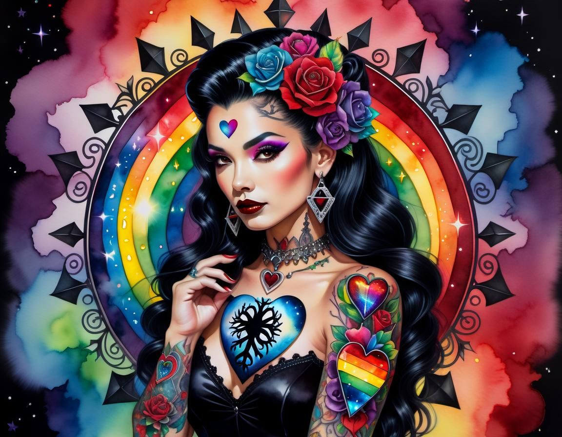 Gothic Latina Pinup with Heart Tattoo, Watercolour