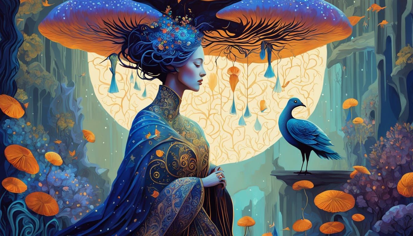 Ethereal Woman Transforming into Birds Amidst Cosmic Energy