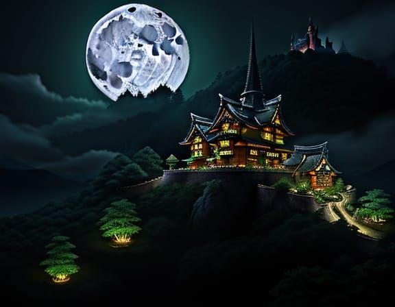 Neon Lit Village with Castle Under Moonlight