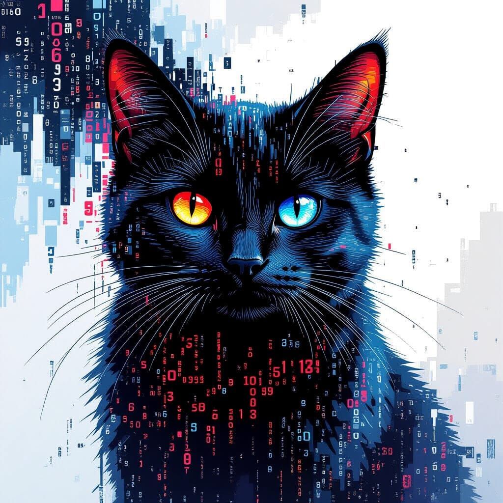 Cyberpunk Cat Made of Glowing Code in Pointillist Style