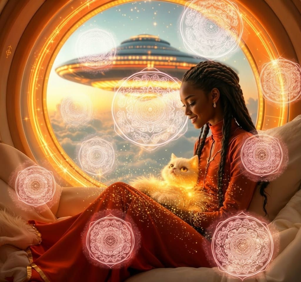 Ethereal Cat with Glowing Pink-Amber Mandalas