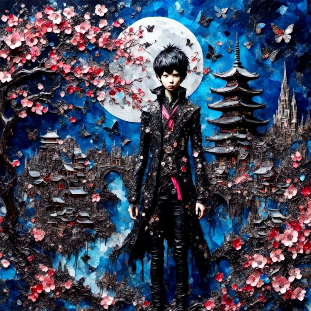 Japanese Goth Boy in Urban Anime Collage