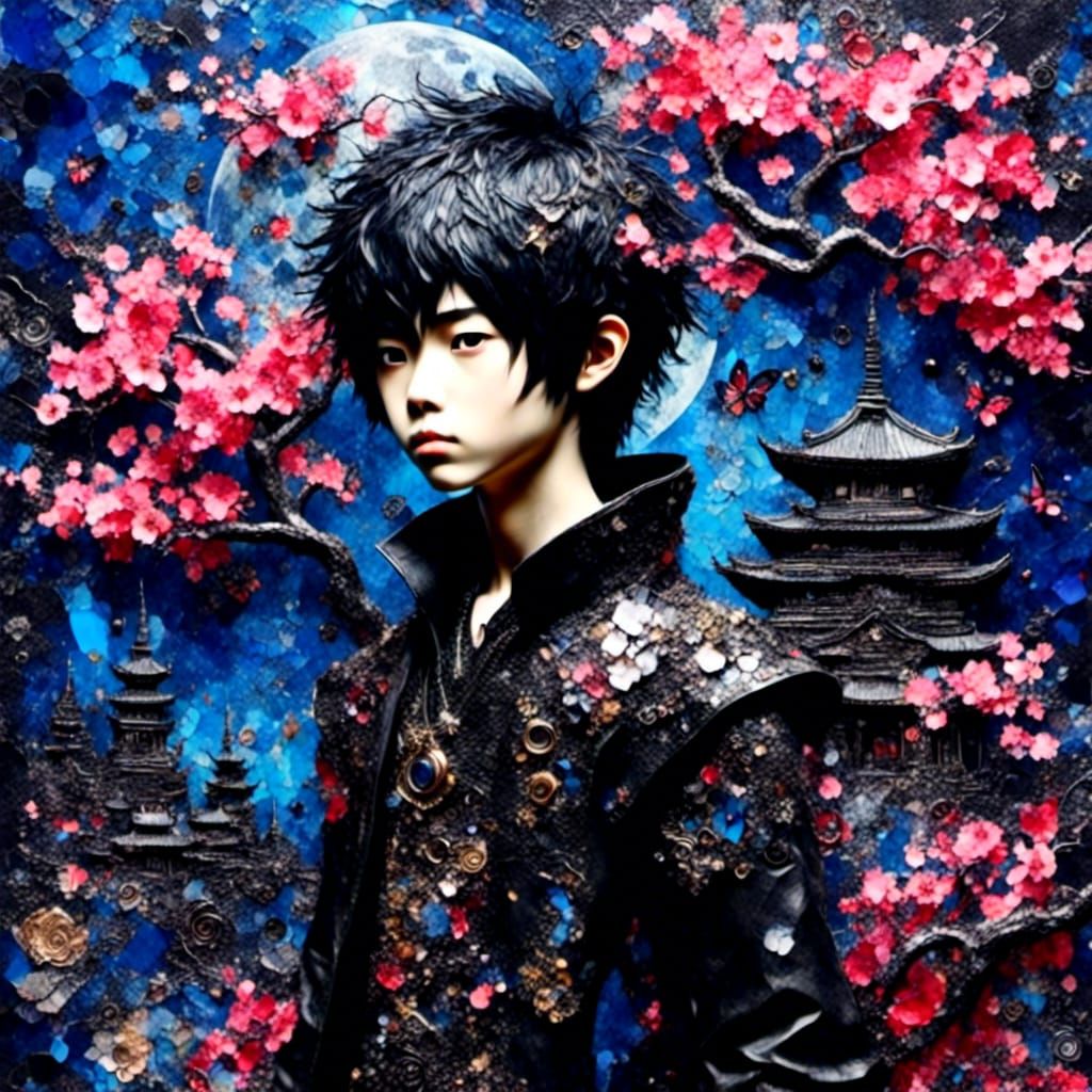 Japanese Goth Boy in Urban Collage, Mixed Media Style