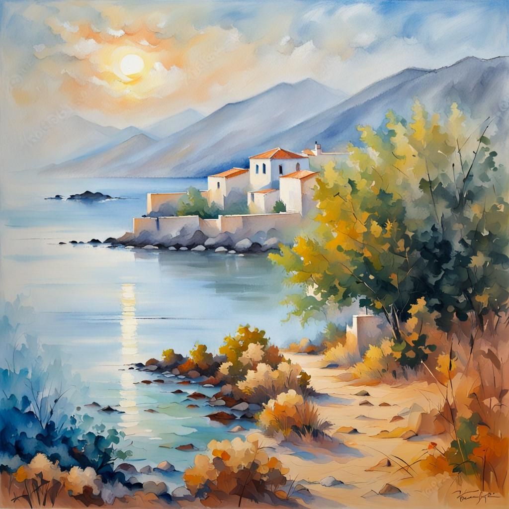 Crete Seaside: Misty Morning in Impressionistic Style