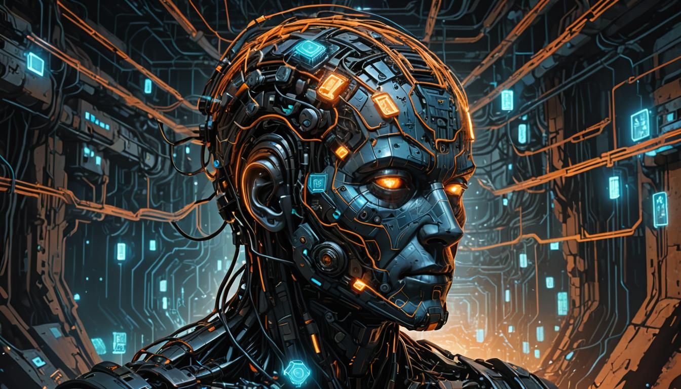 Cyberpunk Head Merges with Terracotta Mine