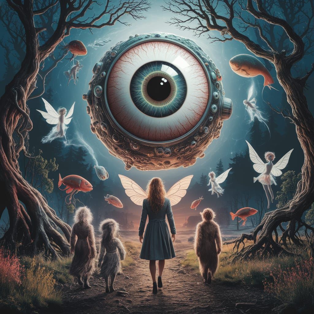 Surreal Dreamscape with Faerie Creatures and Giant Eyeball