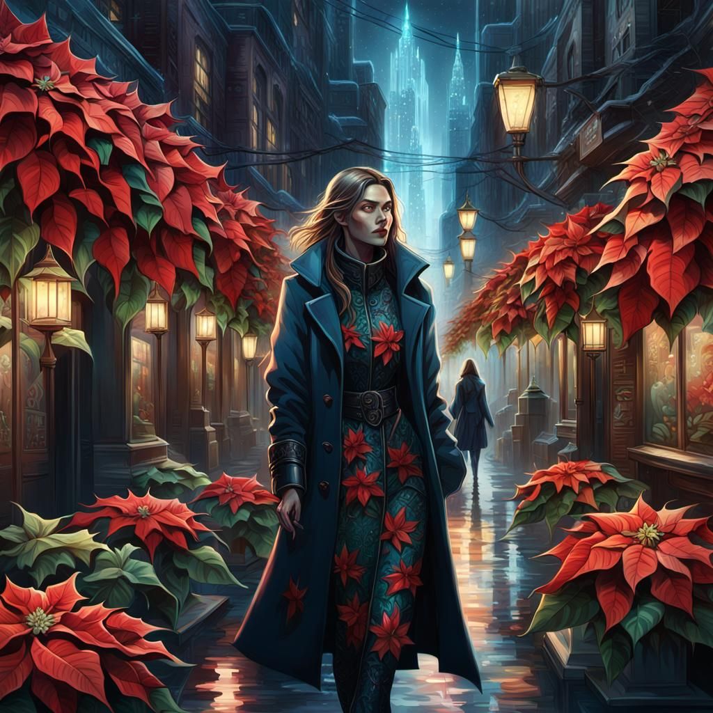 Urban Fantasy Woman Among Glowing Poinsettias