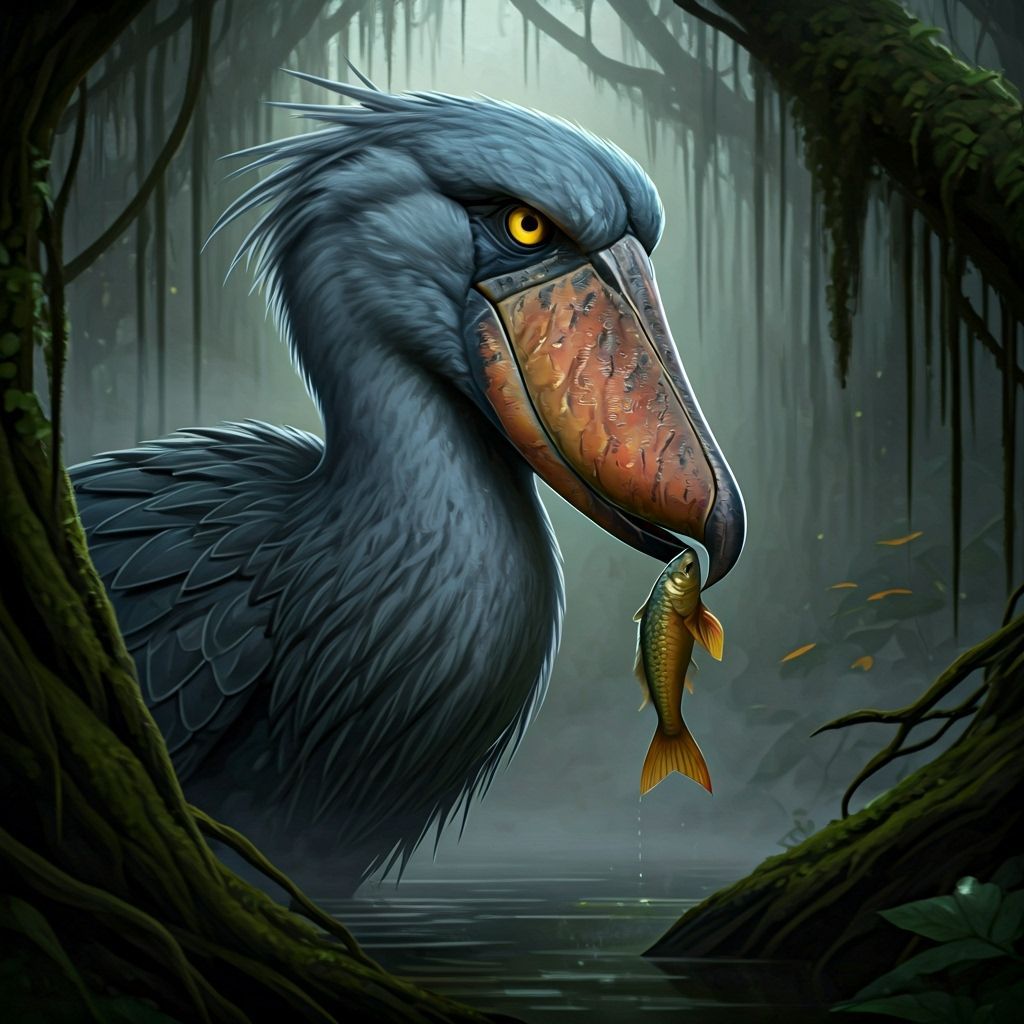Mystical Shoebill Bird in Foggy Swamp