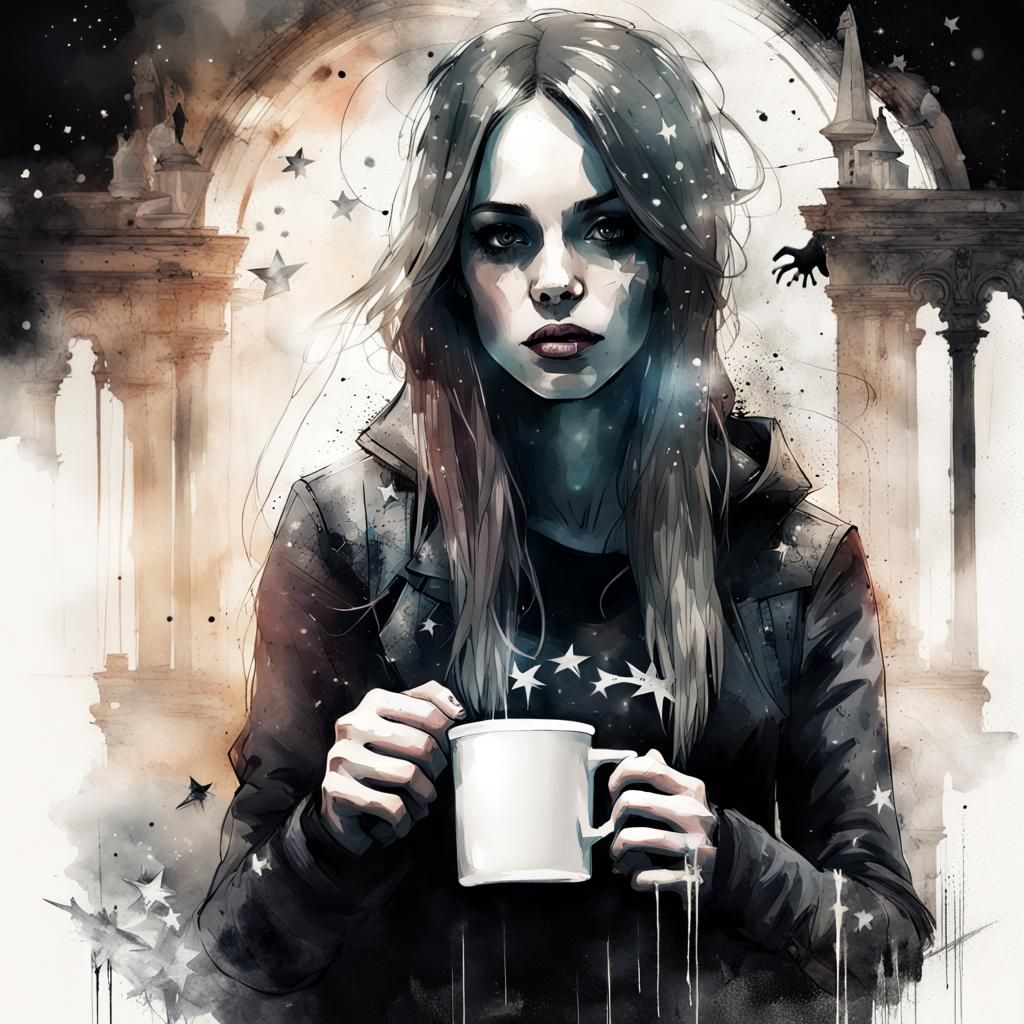 Ghostly Woman with Coffee in Gothic Mansion