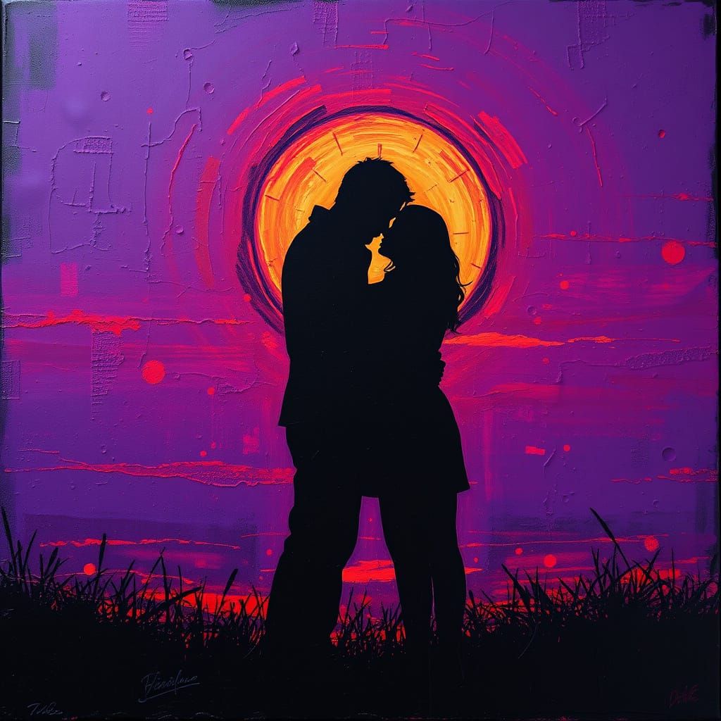 Encaustic Painting of Silhouetted Figures Embracing at Sunse...