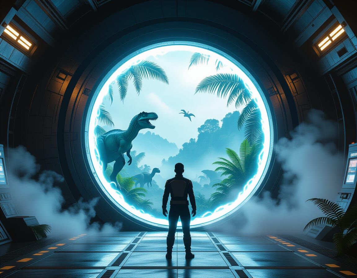Time Traveler's Jurassic Portal: Futuristic Laboratory