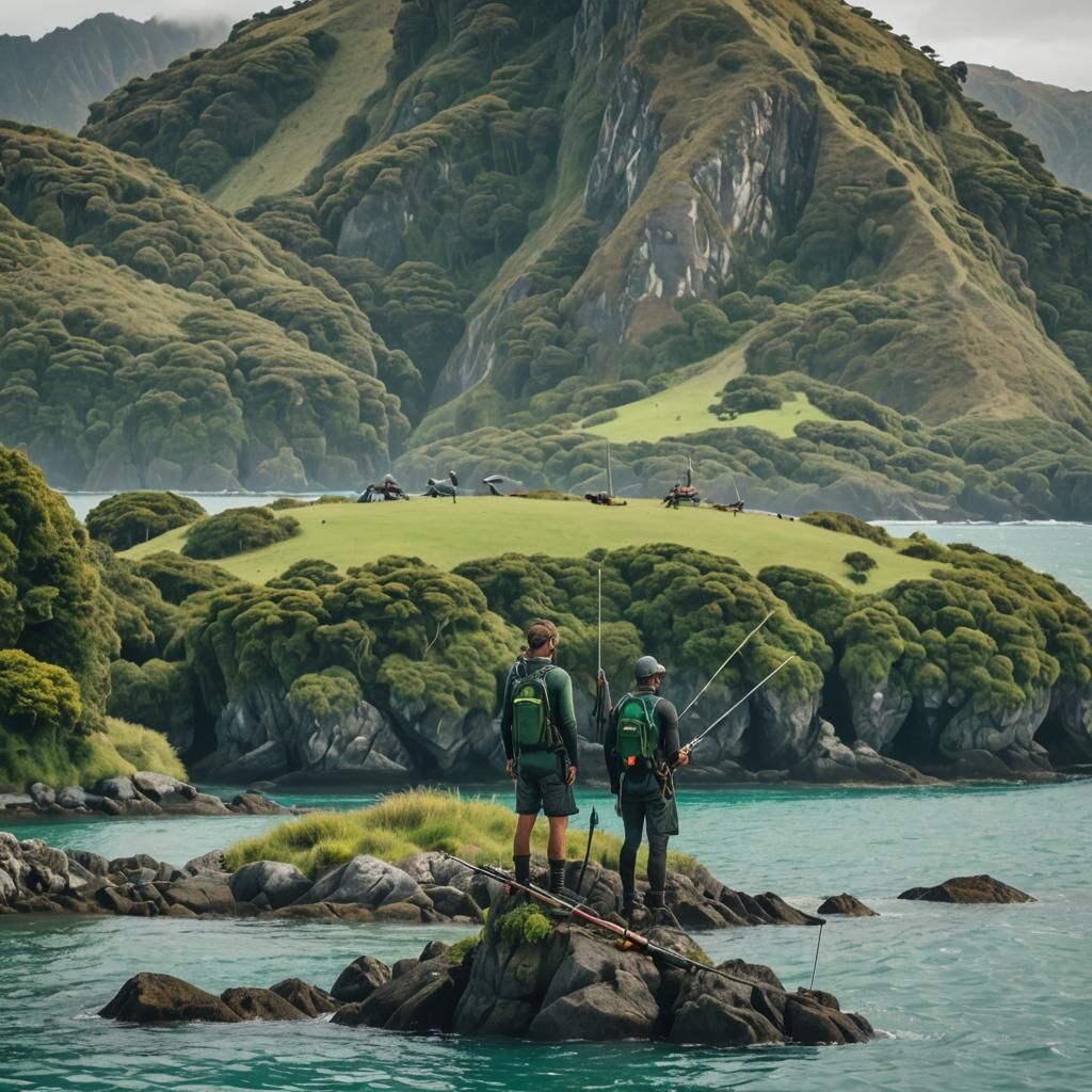 Indigenous Spearfishermen Overlook New Zealand Island