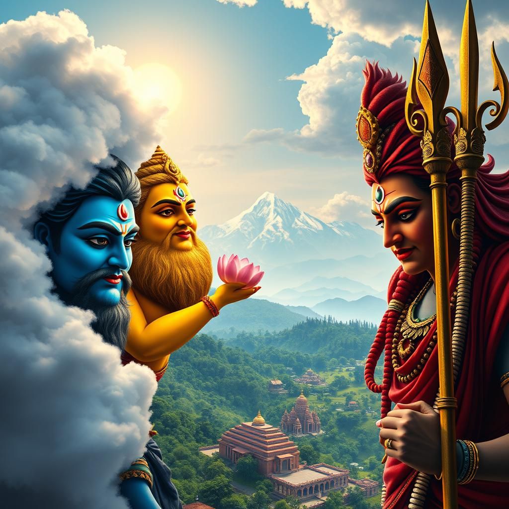 Three primary colour Hindu gods , looking out from bedind a ...