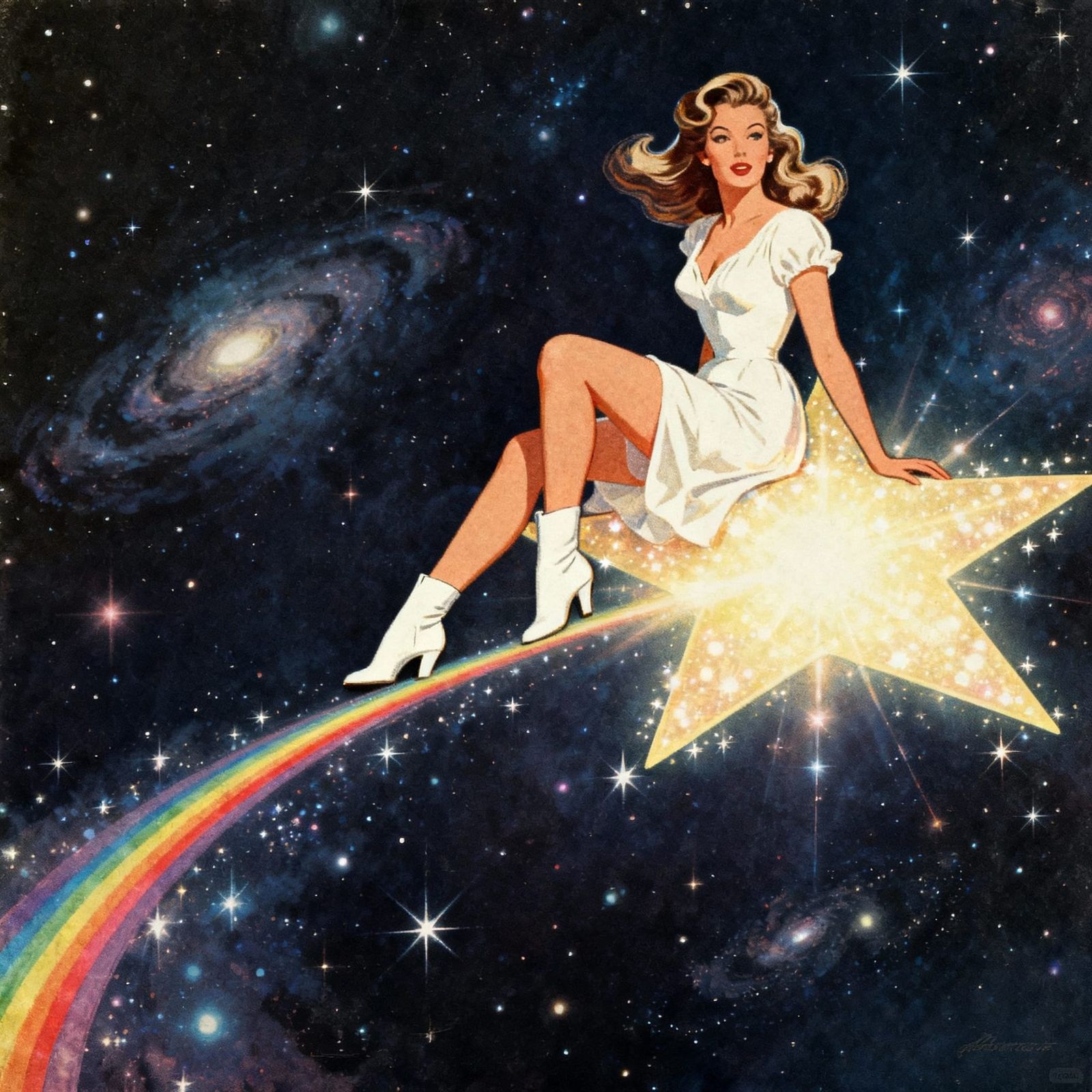 Glamorous Woman on Cosmic Star in Retro-Futuristic Pin-Up St...