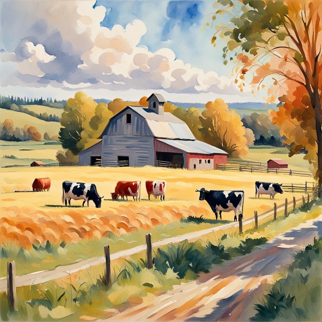 Farm Landscape in Gouache Style, Impressionist Masterpiece