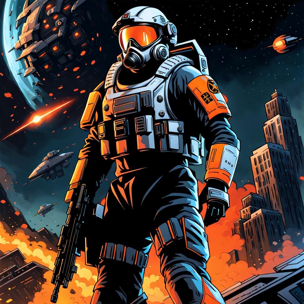 Armored Soldier Breaches Burning Building with Squadron