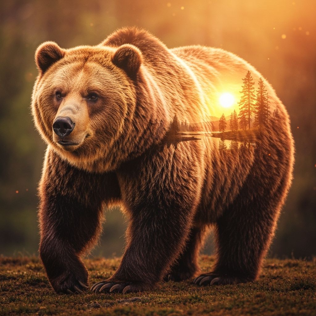 Brown Bear Merging With Forest Landscape in Amber Light