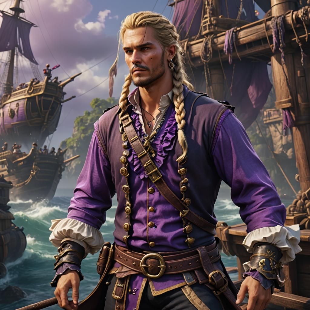 Handsome Pirate with Braided Ponytail in Detailed Matte Pain...