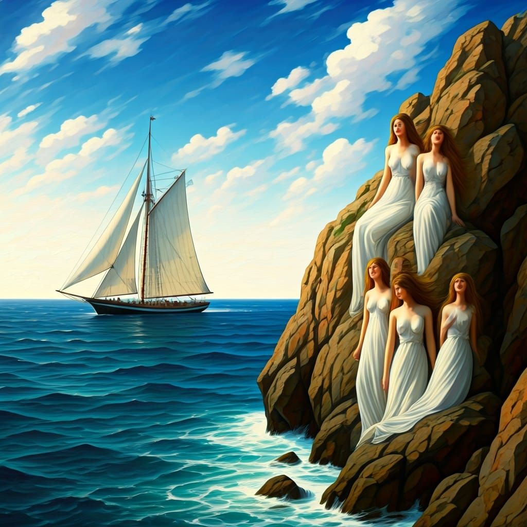 Sailboat and Sirens in Romanticism Style