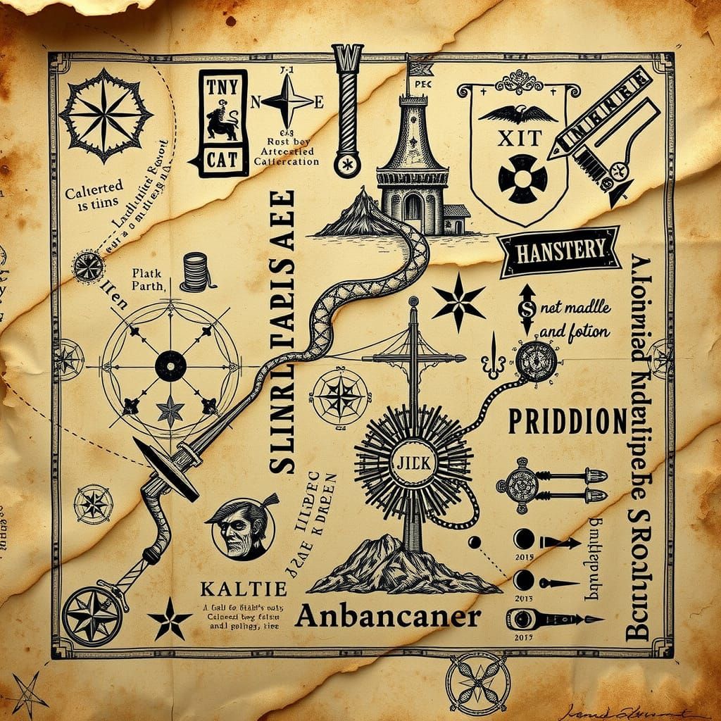 Ancient Treasure Map with Riddles and Pictograms