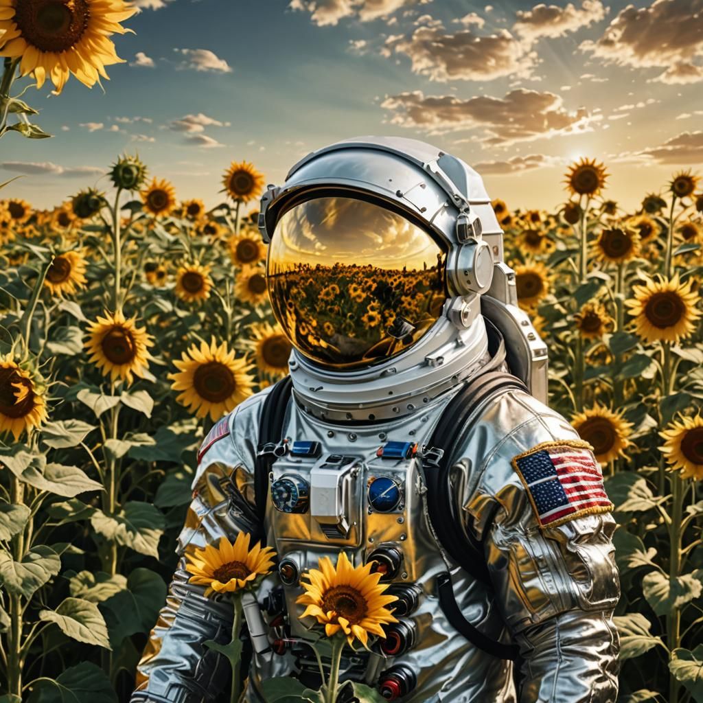 Astronaut Among Sunflowers: Hyperrealistic Digital Art