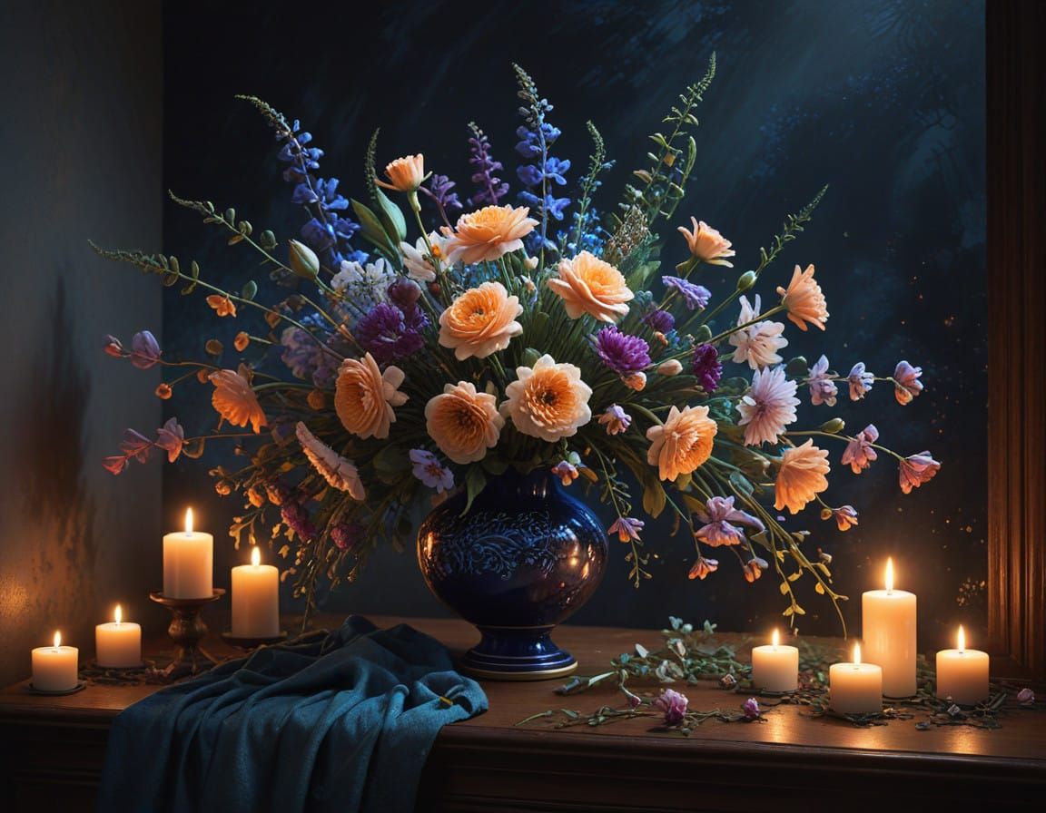 Surreal Nocturnal Still Life with Flowers and Candles