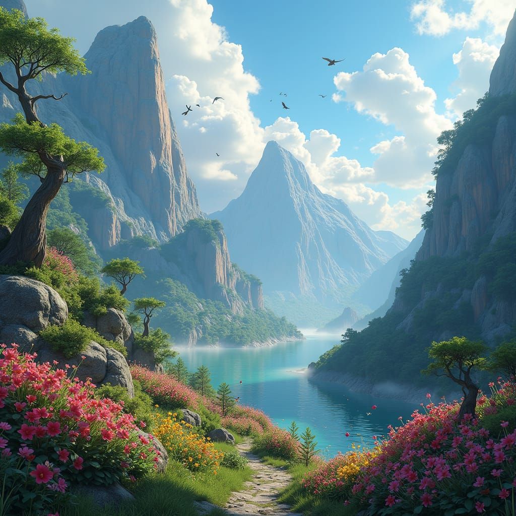 Lush Mountain Landscape in Detailed Matte Painting