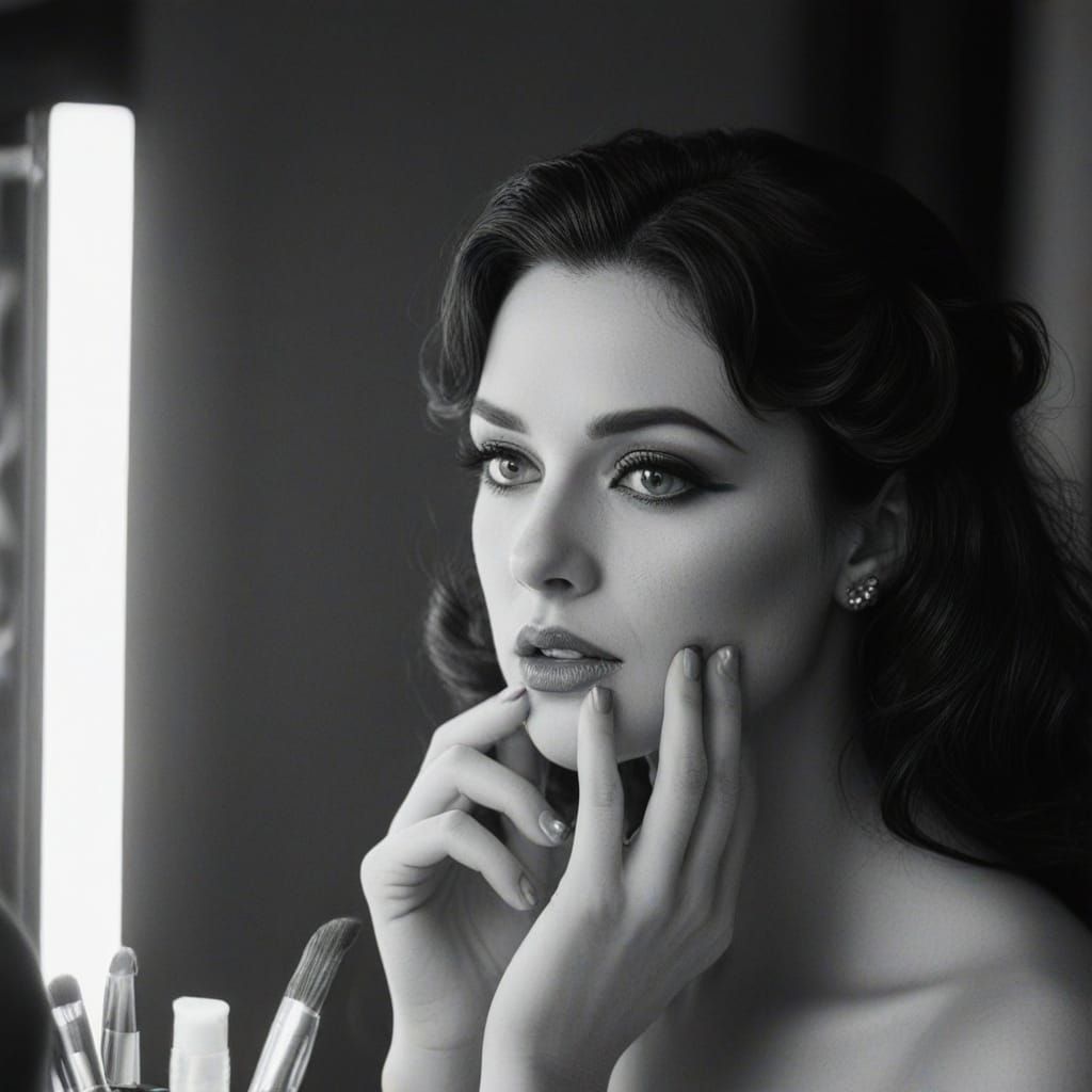 Film Noir Aphrodite Applying Makeup in Black and White