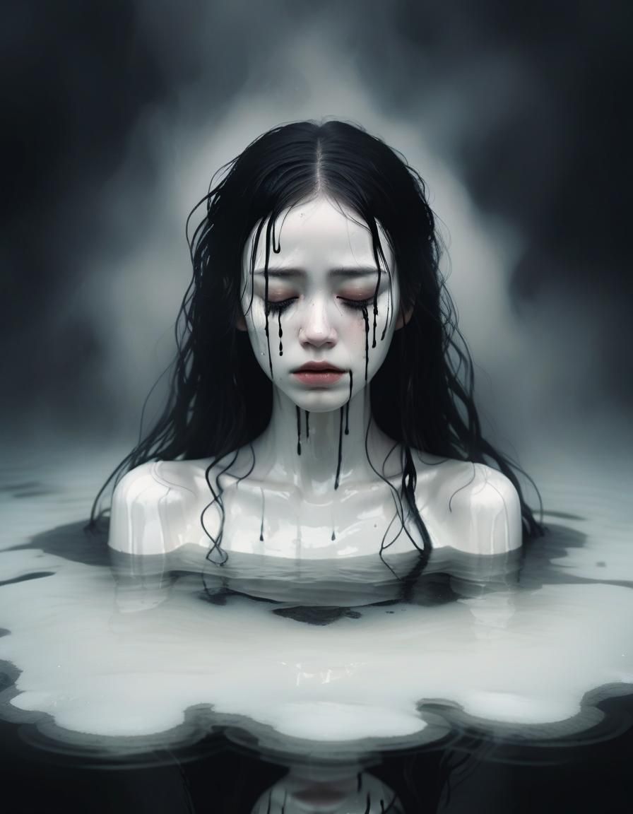 Ethereal Girl in Mud with Black Tears