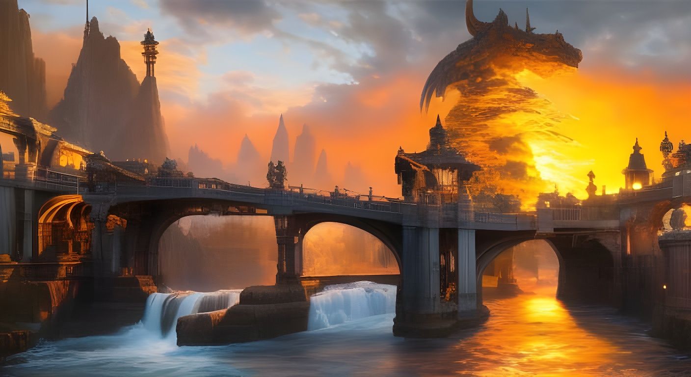 Steampunk Bridge Over Machine and Waterfall