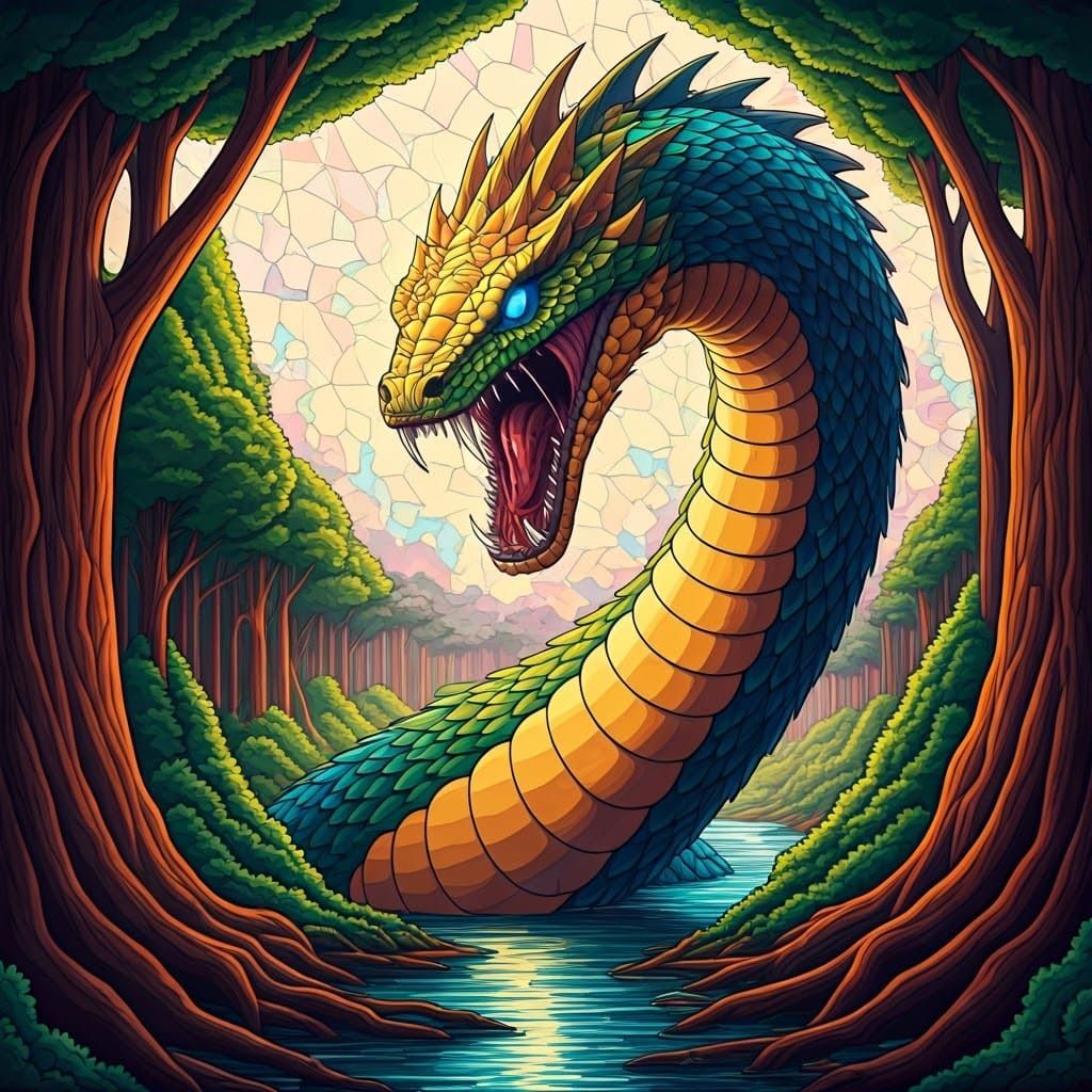 Vibrant Stained Glass Kaiju Snake in a Colorful Mosaic