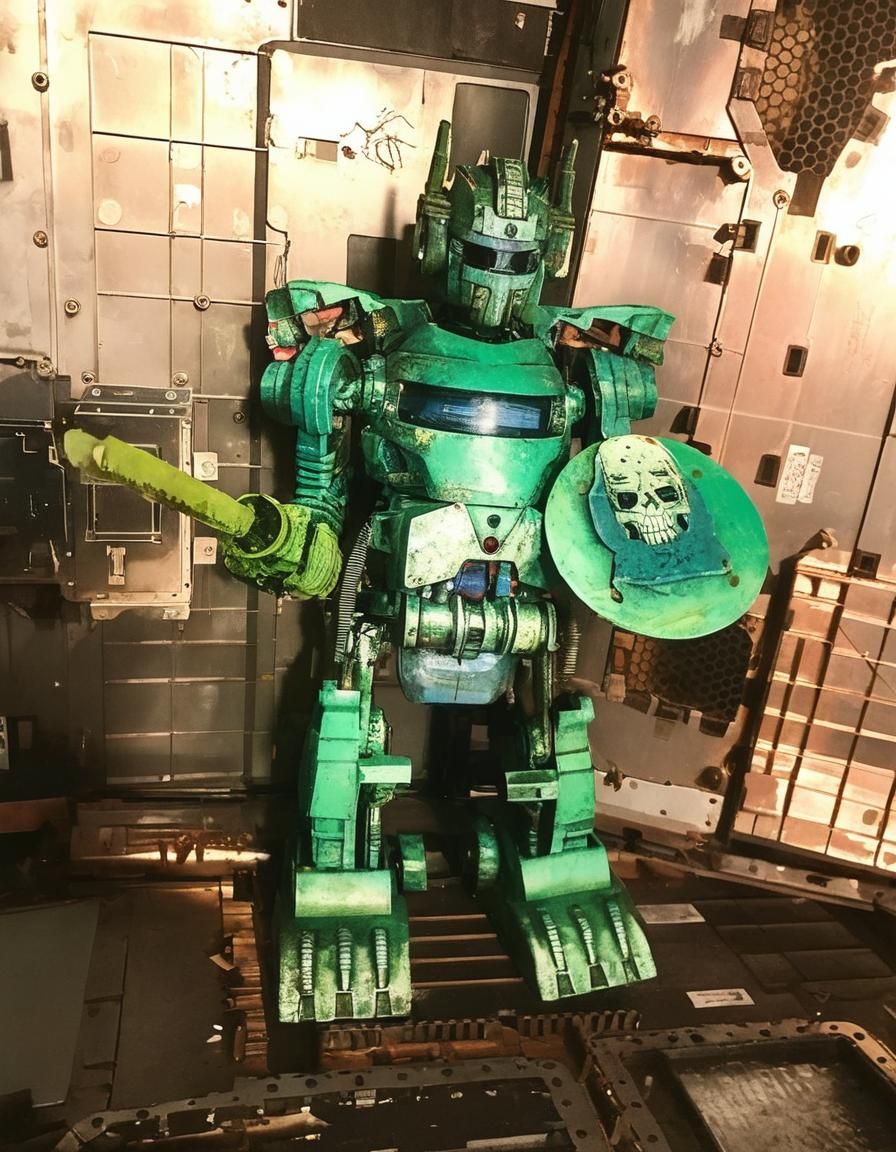 Rusty Robot with Chainsaw Sword in Abandoned Base