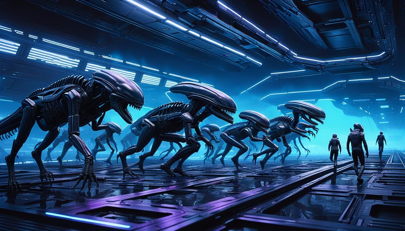 Xenomorphs Sprinting on Metallic Platform: Sci-Fi Matte Pain...
