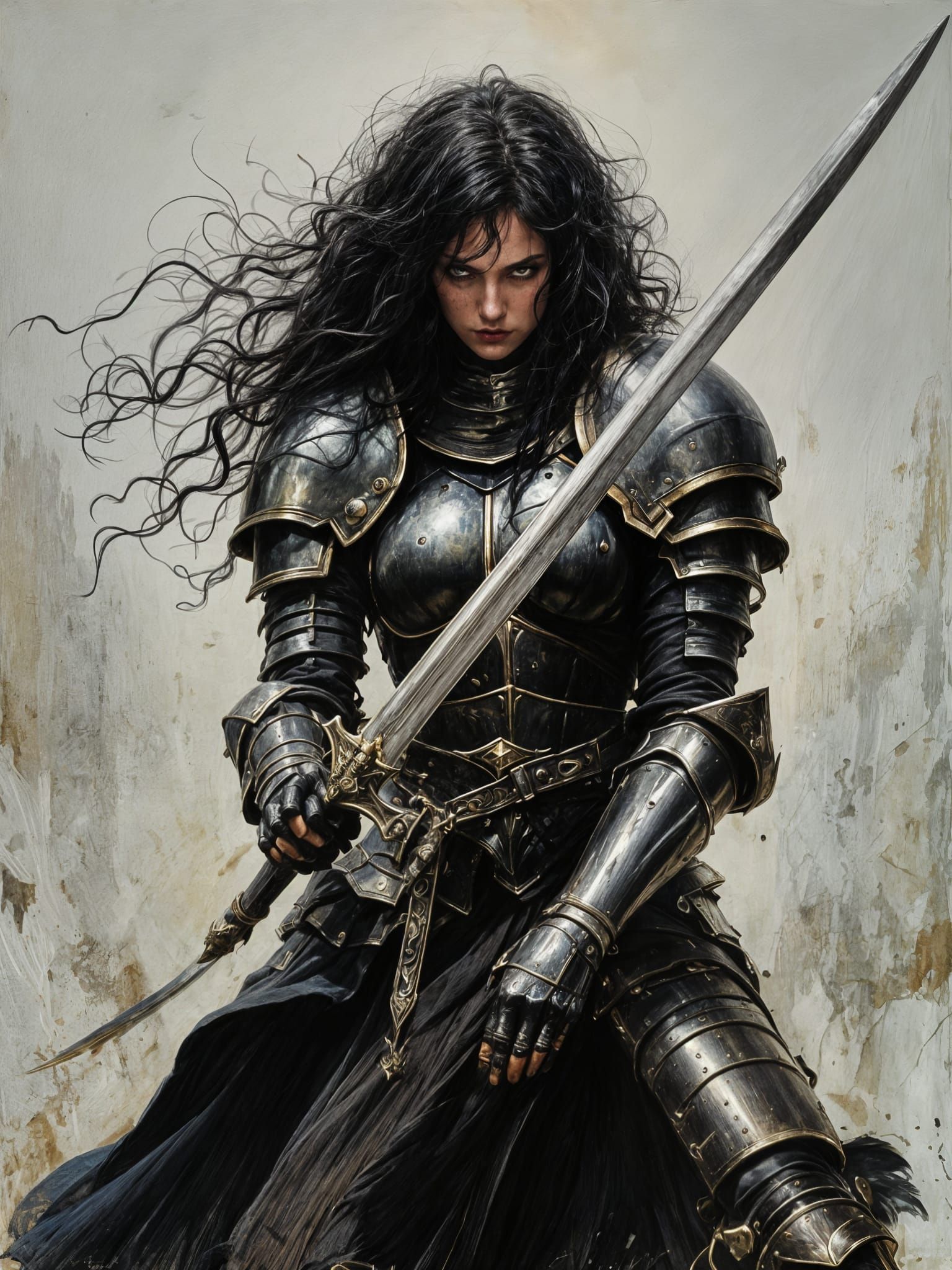 Fierce Female Knight with Greatsword in Oil Painting Style