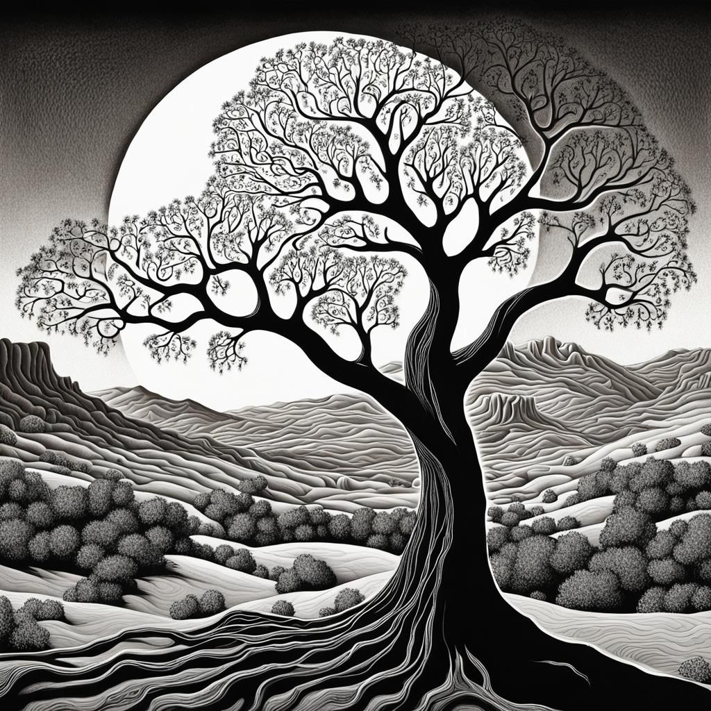 Intricate Black and White Tree in Surrealist Style