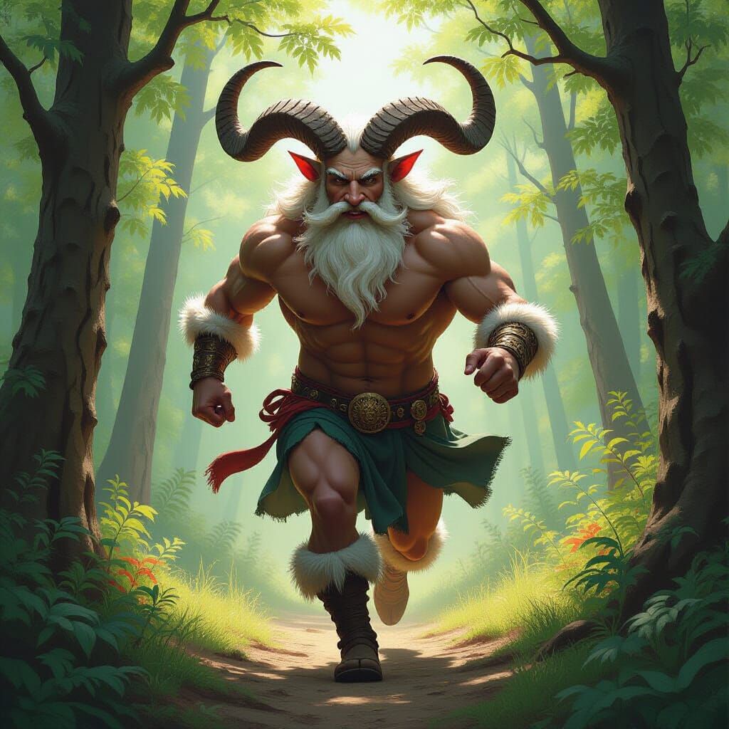 Majestic Lord Pan Runs Through Forest: Oil Painting