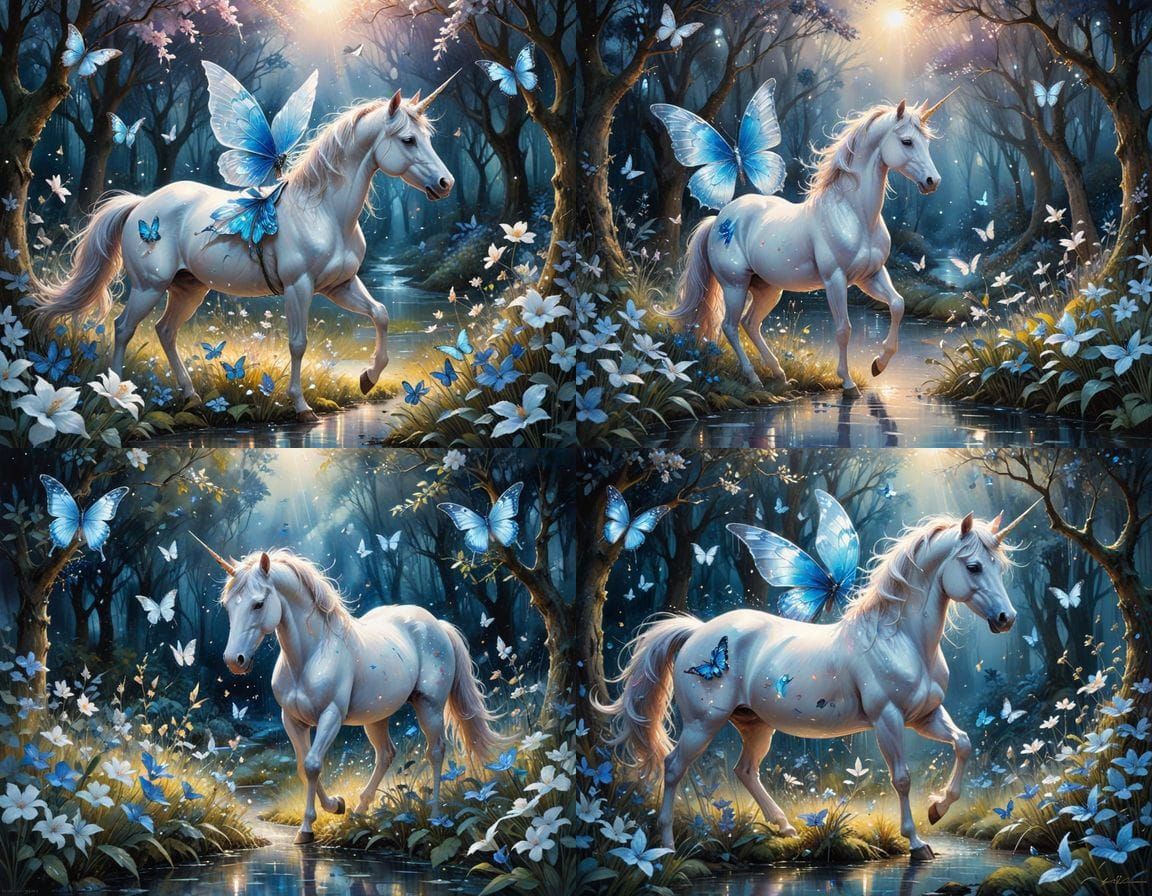 Moonlit Unicorn Garden in Mixed Media Style