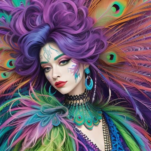 Abstract Portrait: Woman with Peacock Feather Hair