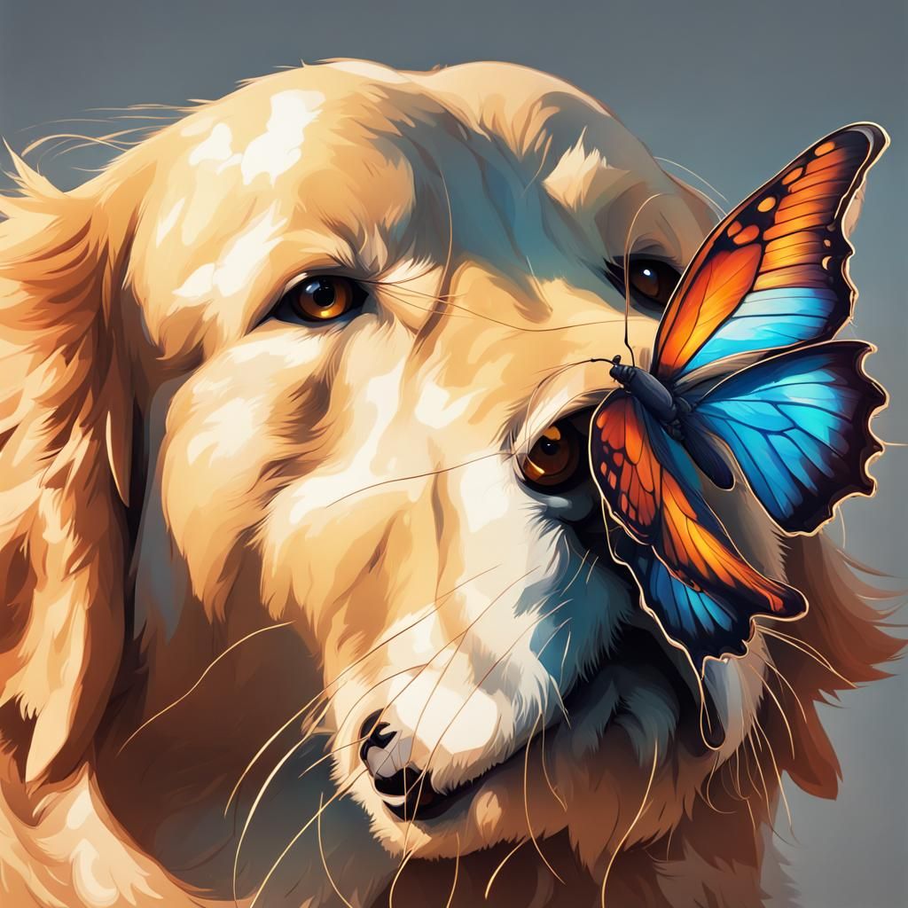 Golden Retriever Portrait with Butterfly, Hyperdetailed Art