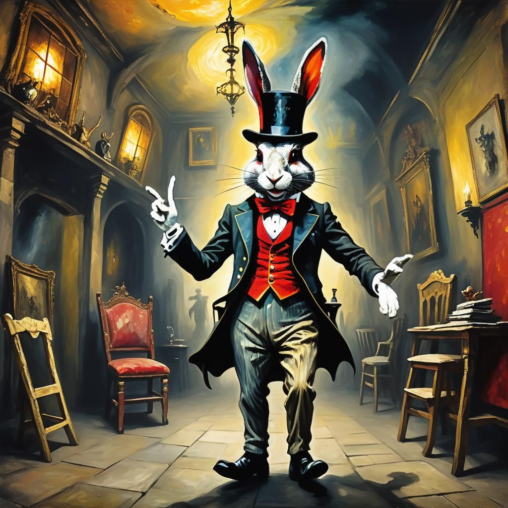 Expressionist Rabbit Dances with Chair in Hellish Kingdom
