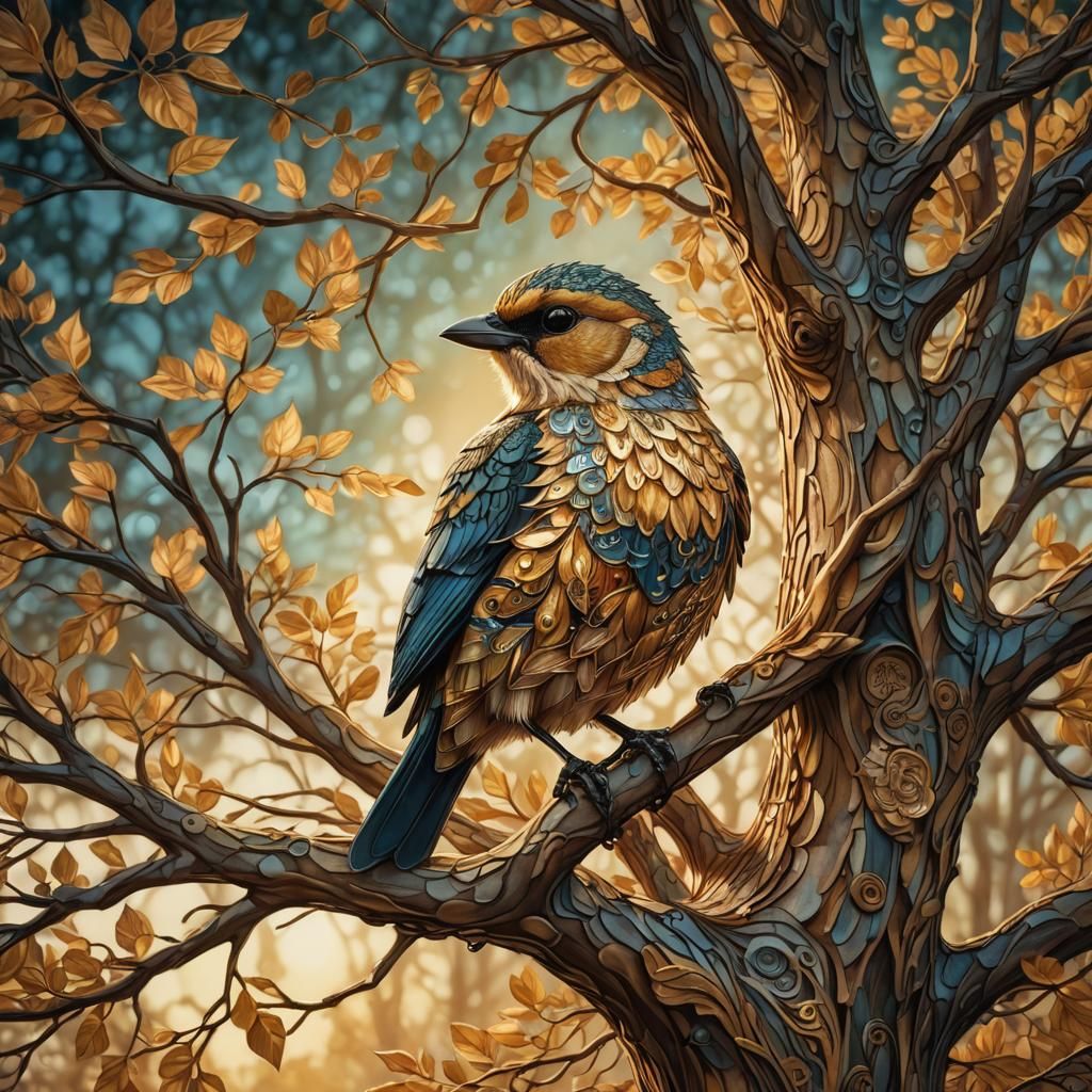 Bird on Summer Tree in Fantasy Art Style