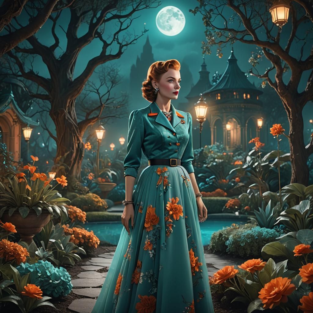 Woman in Mystical Garden with Vintage Fashion
