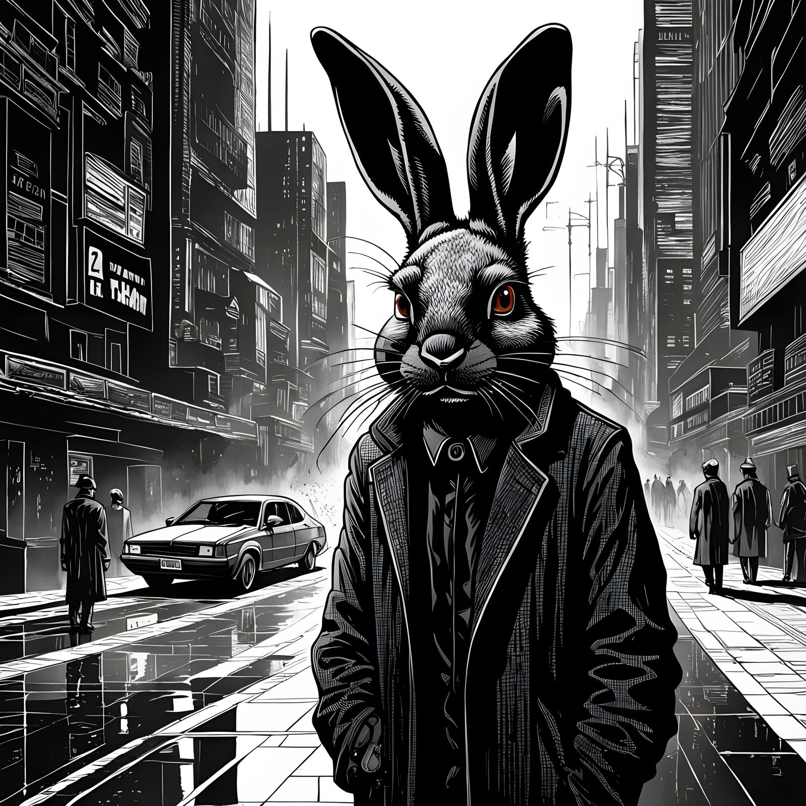 Neo-Style Black Rabbit Portrait in Indian Ink Pointillism