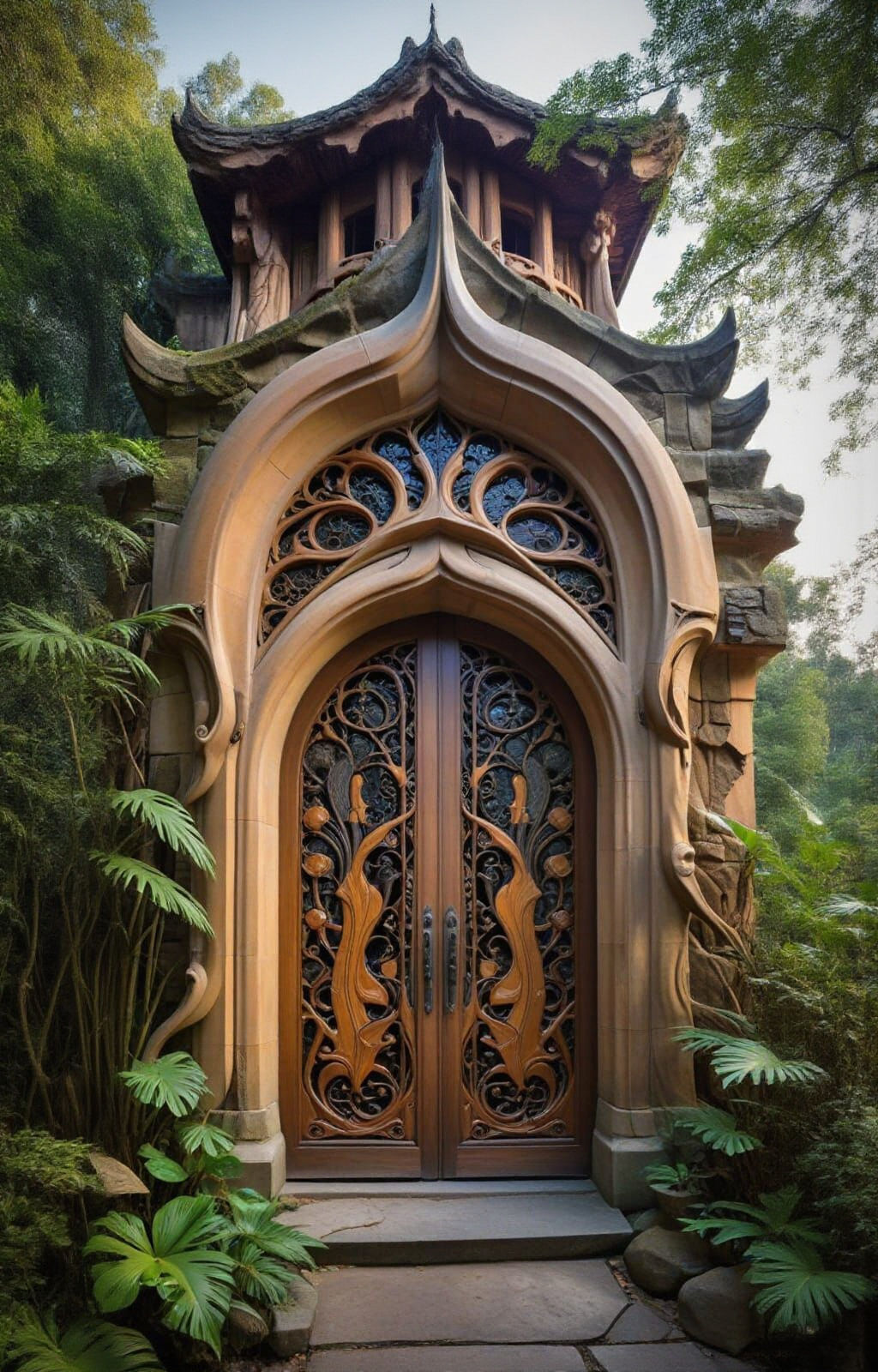 A wooden door in front of a karstic rock in Ao Phang Nga