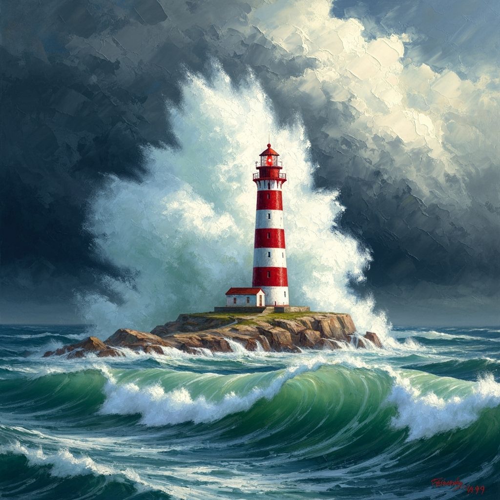 Lighthouse in Storm: Dramatic Impasto Oil Painting